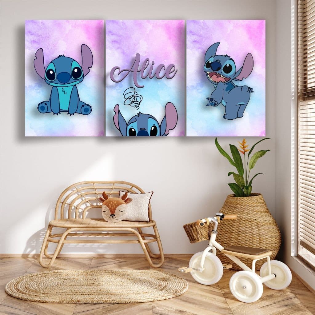 KIT 3 QUADROS STITCH COM NOME PERSONALIZADO - DECORAÇÃO STITCH