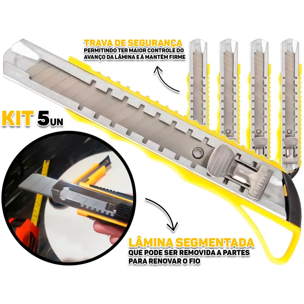 Kit 5 Estilete Profissional Trava De Segurança Lâmina Aço Carbono Para Papelão Plástico Hutz