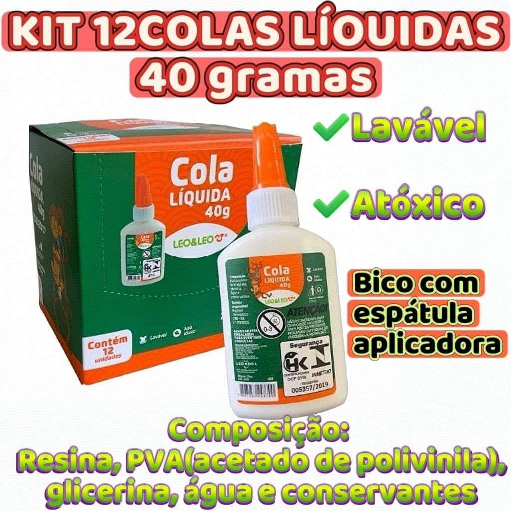 Kit 12 Cola Líquida Branca Escolar 40g Com Espátula Tampa No Tubo Antivazamento Atóxico Leo&Leo