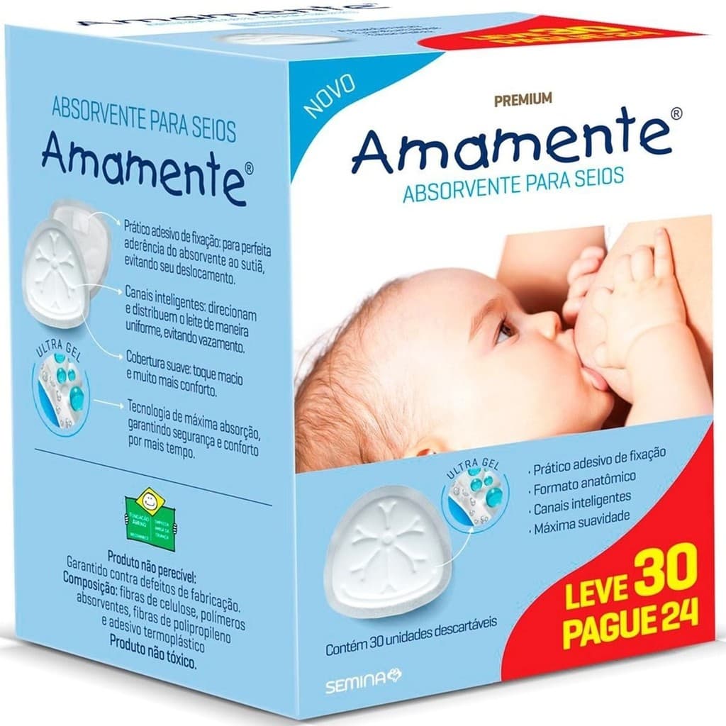 Absorvente para Seios Amamente Premium Diurno 30 Unidades Anti-vazamento Anatômico