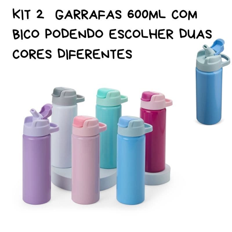 Kit 2 Garrafa Squeeze de Alumínio 600ml com canudo e bico