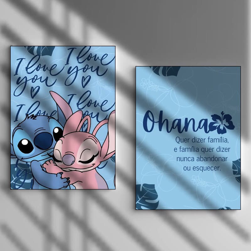 Kit 2 Quadros Decorativos Ohana Quer Dizer Família Tons De Azul Para Quarto, Sala, Cozinha MDF Stitch