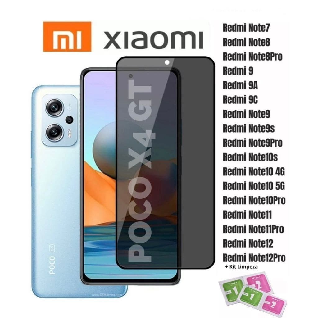 Película Privacidade de Vidro 3D REDMI NOTE Todos Modelos Note 7/8/9s/9 pro/10/9A/9C/9T/11/12/13