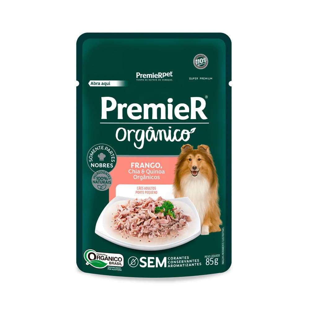 Ração Úmida Sachê Premier Orgânico Cães Adultos Porte Pequeno Frango, Chia e Quinoa - 85g