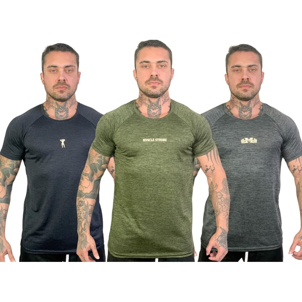 Kit 3 Camisetas Raglan Dry Fit Tecnológico Muscle Strong