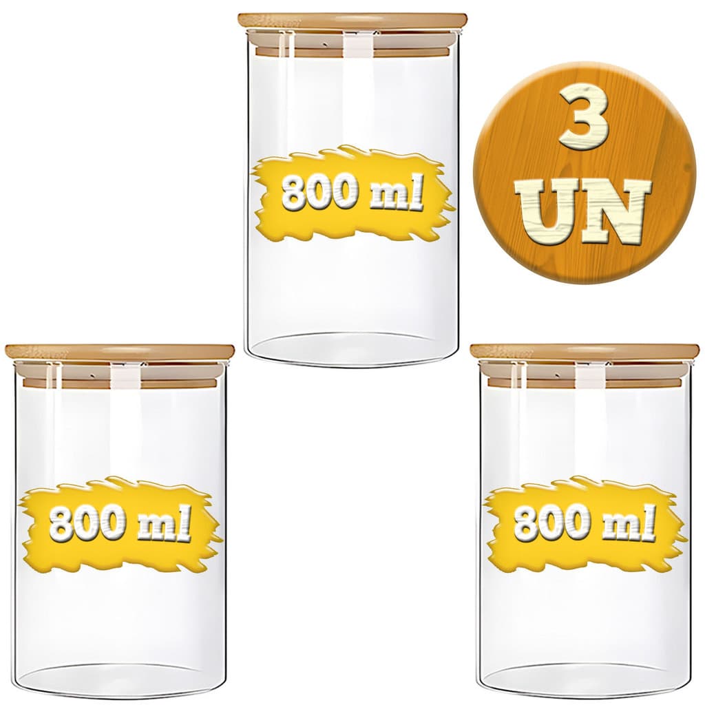 Kit 3 Potes 800ml Porta Mantimento Frasco De Vidro Herméticos Tampa de Bambu Natural