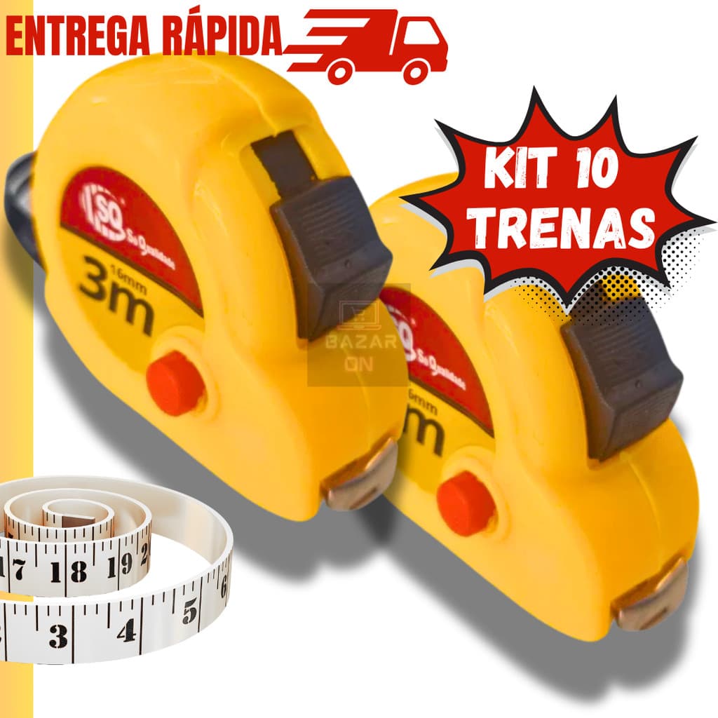Kit 10 Trenas Métrica 3 metros 3m x 15,2mm  Com Trava Profissional Bolso Resistente