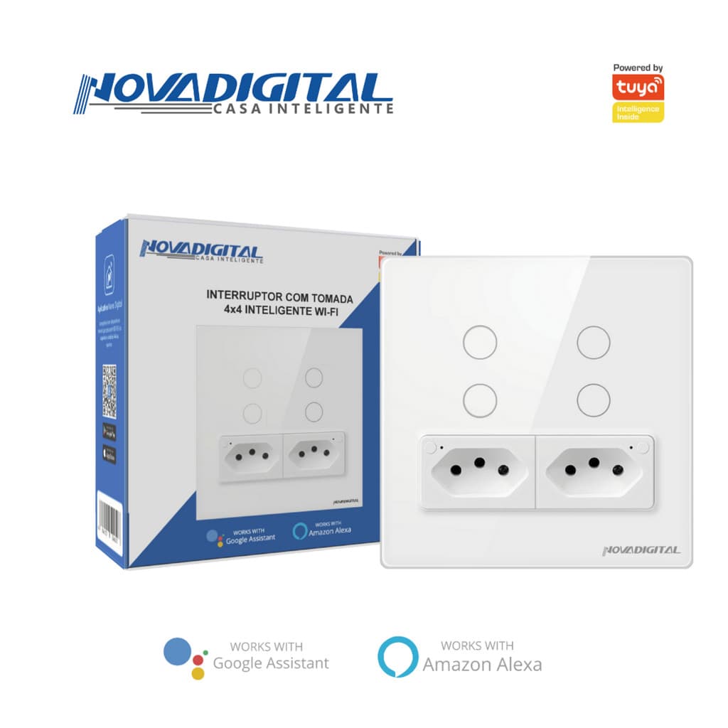 Interruptor Inteligente Wi-Fi 4 Botões 4x4 Tomada Branco  Alexa Google Home NovaDigital IT-WK-4x4-W