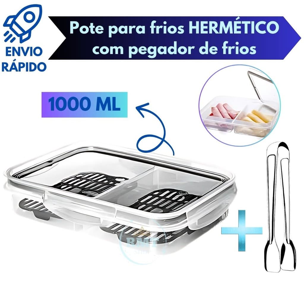 Pote Hermético Com Pegador de Frios Porta Frios Com Escorredor Trava Tampa 2 Divisórias Retangular