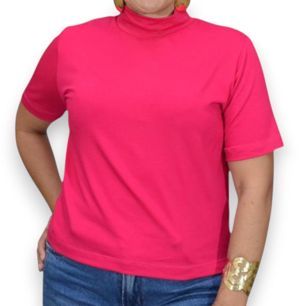 Kit 3 Blusas Gola Alta Feminina Plus Size | Manga 3/4 Elegante Confortável Pink Preto Branco Casual