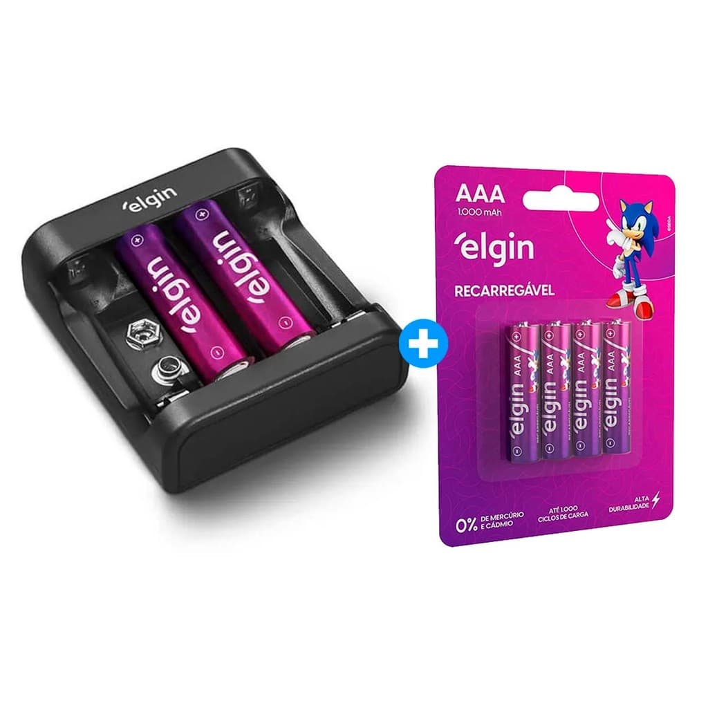 Carregador De Pilha Elgin C/2 AA 1500mAh + 4 Pilhas AAA 1000mAh