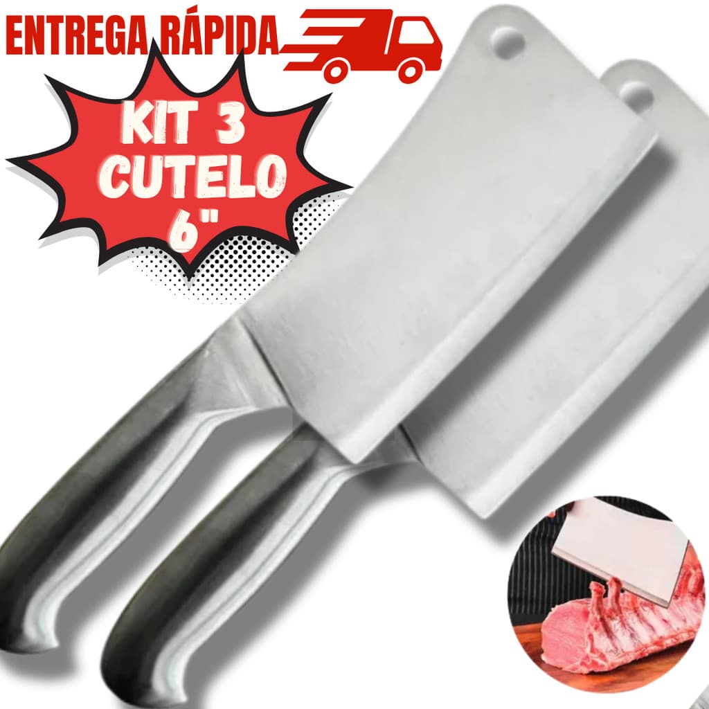 Kit 3 Cutelos Profissional Escovado Em Aço Inox Inteiriço 6" polegadas Corta Osso Nervo Afiado