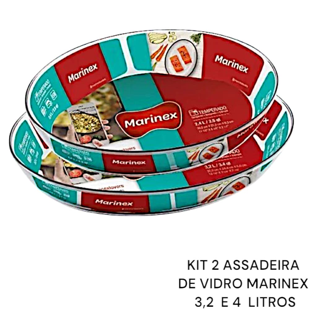 Assadeira Lasanheira de vidro Oval Marinex Kit com 2 Unidades de 4LT e 3,2LT