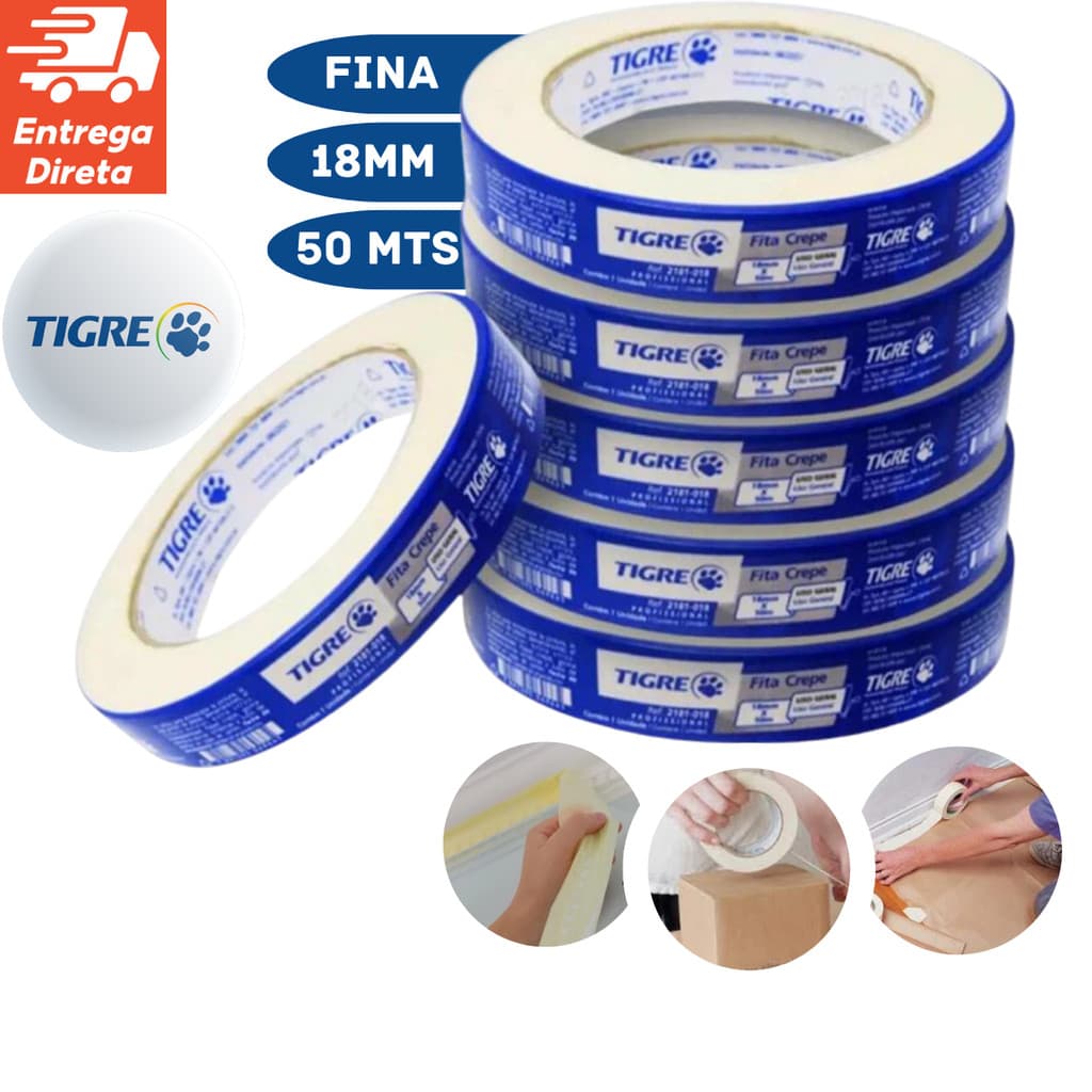 Fita Crepe Fina Branca Kit Fita para Pintura 18mmX50MTS Tigre Fita Adesiva Uso Geral