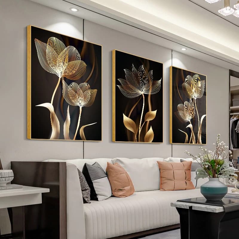 Quadros Decorativos 3 peças 30x50 Mosaico Mdf Alta Resolução Abstrato preto flor dourada decoração para casa sala quarto