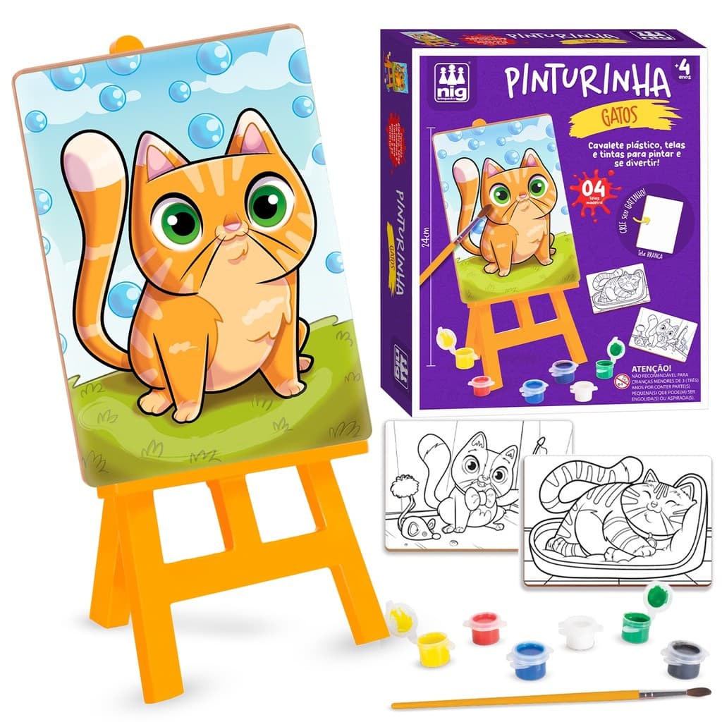 Kit De Pintura Didático Gatos Com 4 Telas 6 Tintas Pincel E Cavalete Infantil - Nig Brinquedos