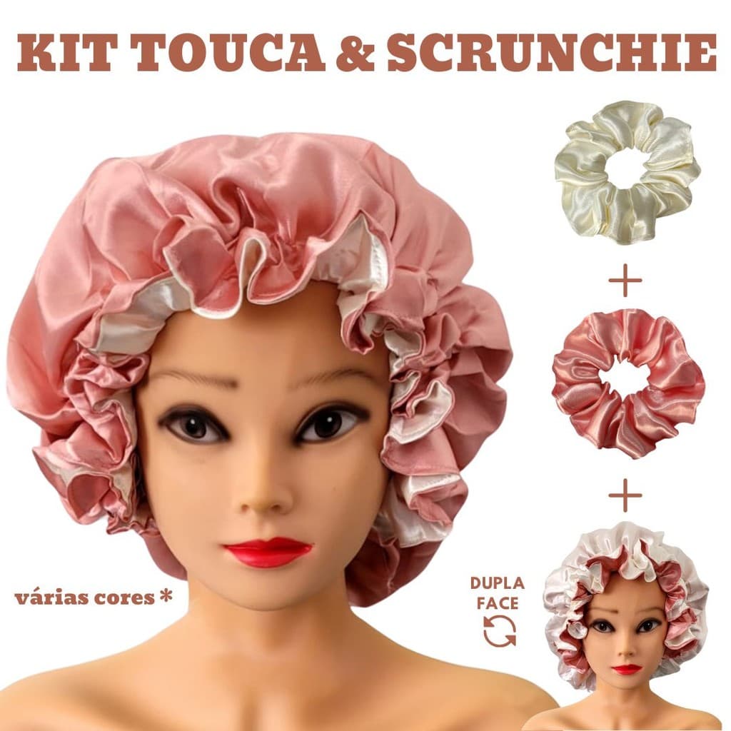 Kit Touca de Cetim Grande e Scrunchie de Cetim Antifrizz 3pcs