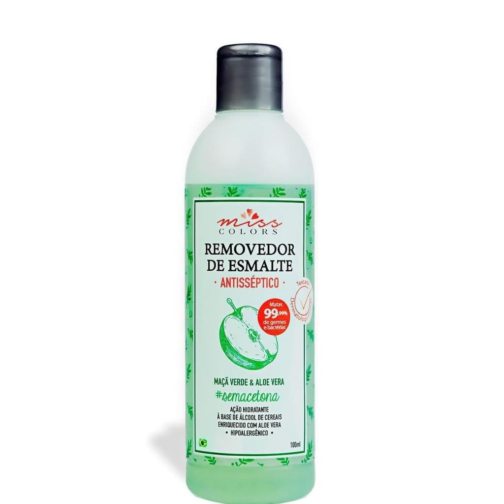 Removedor de Esmalte Sem Acetona 100ML - Miss Colors - Alto Poder de Remoção - Maça Verde & Aloe Vera