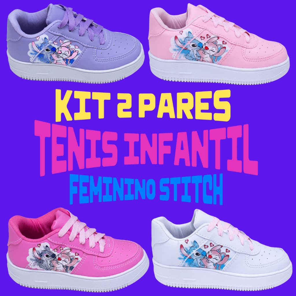 Kit 2 Pares Tênis Infantil Menina Stitch Modinha Feminino Confortável Promoção