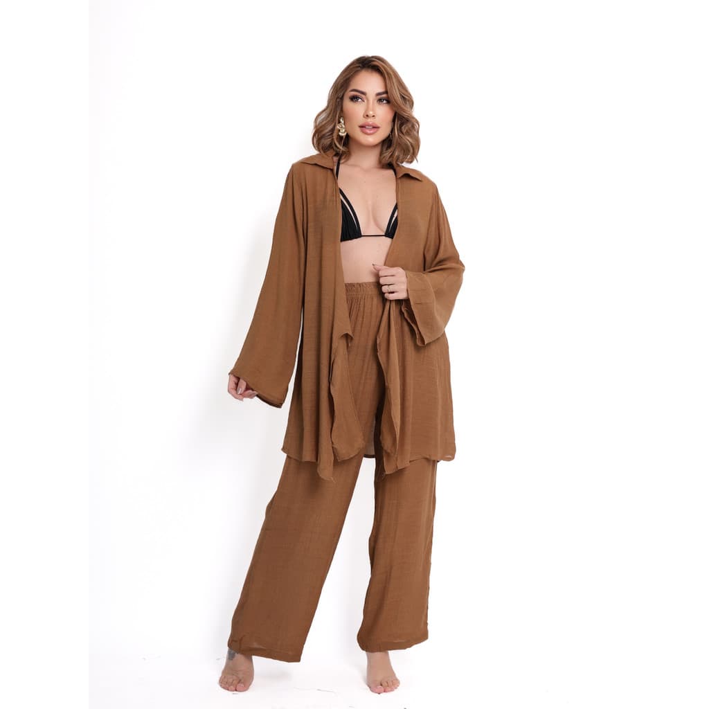 Conjunto saida de praia feminina casaco manga longa  e calça  simples casual