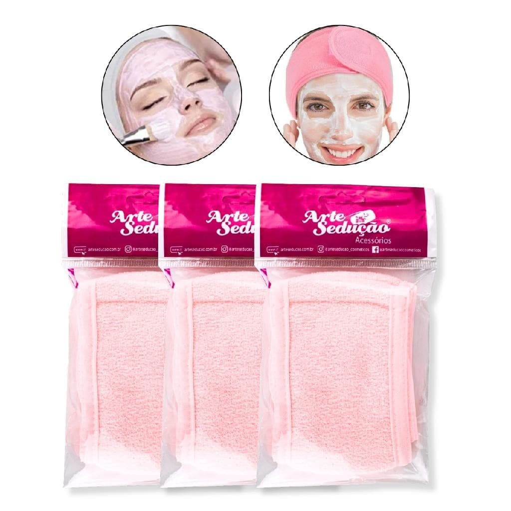 Kit 3 Faixa de Cabelo Atoalhada Skincare Design Estética Spa Sobrancelha Cílios Maquiagem Toalha
