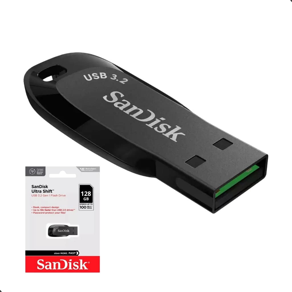 Pendrive 128gb Original Sandisk Ultra Shift Usb 3.2 Preto Armazenar Músicas Backup Formatar PC