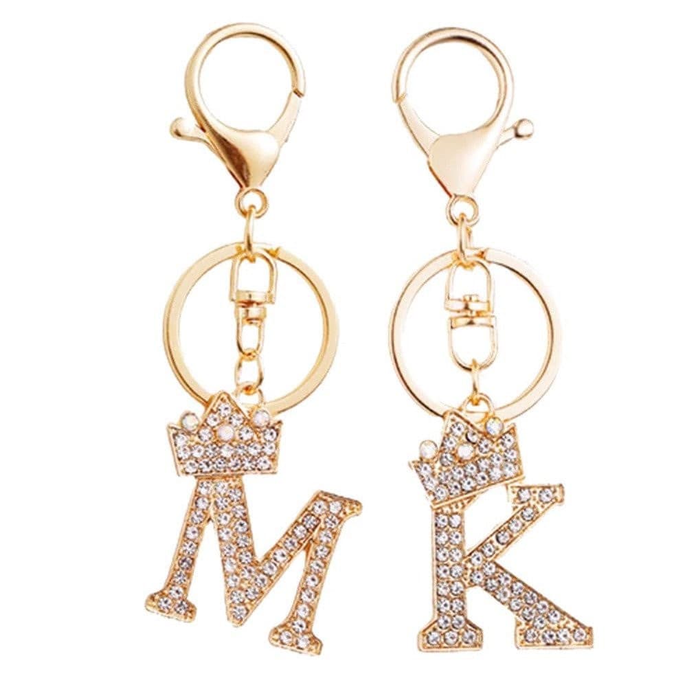 Luxo Strass Inicial Coroa Carta Chaveiro Ouro Cristal Alfabeto Az Para Mulheres Saco Chave Do Carro Decoração Ornamento