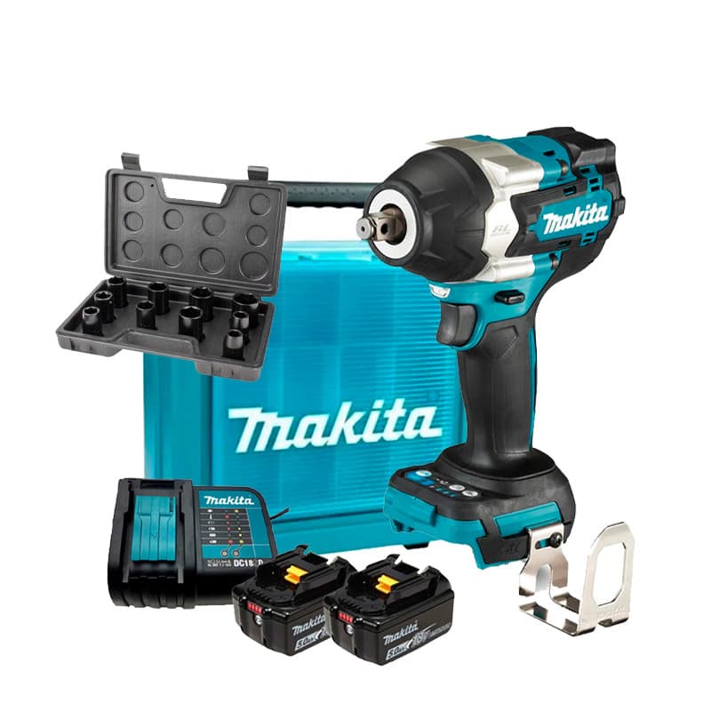 Chave de Impacto 1/2" Bateria 18V LXT Makita DTW700Z + Kit 2 Baterias 5Ah e Carregador Bivolt + Jogo de Soquete 10 pcs