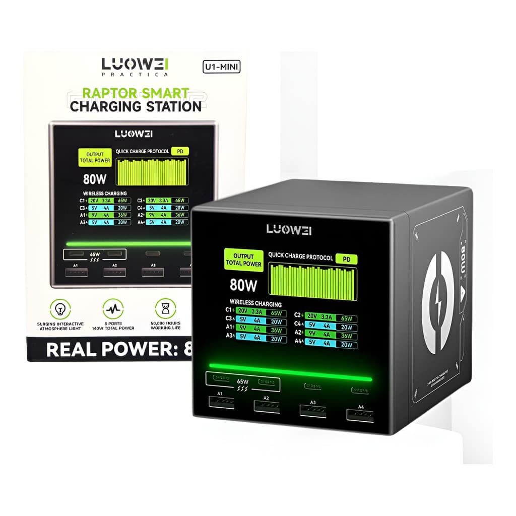 Carregador Usb Fast Rápido Luowei U1 Mini 80w 8 Portas 4 portas USB Tipo-A + 4 portas USB Tipo-C Bivolt