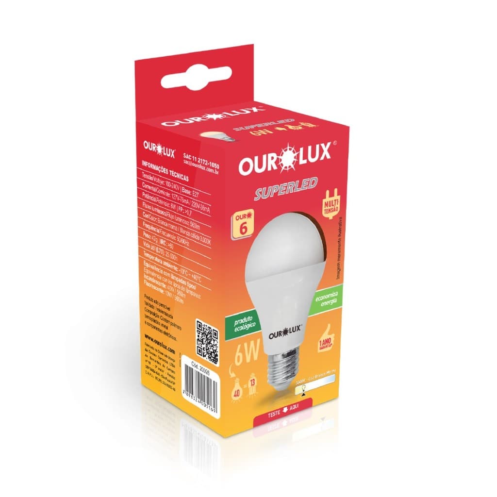 LAMPADA SUPERLED OURO 6W BIVOLT 3000K CX OUROLUX