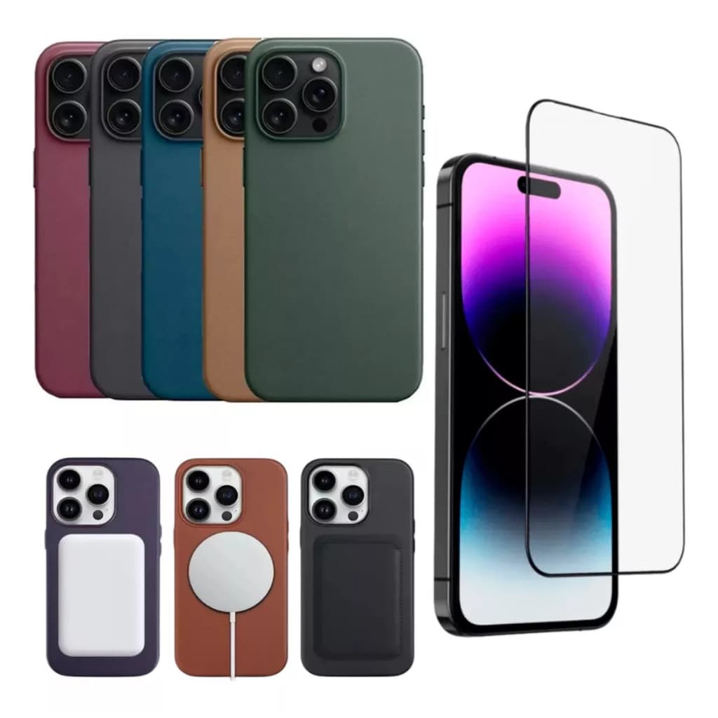 Capinha Couro para iPhone 11 12 13 14 15 16 PRO PROMAX + pelicula de vidro de brinde