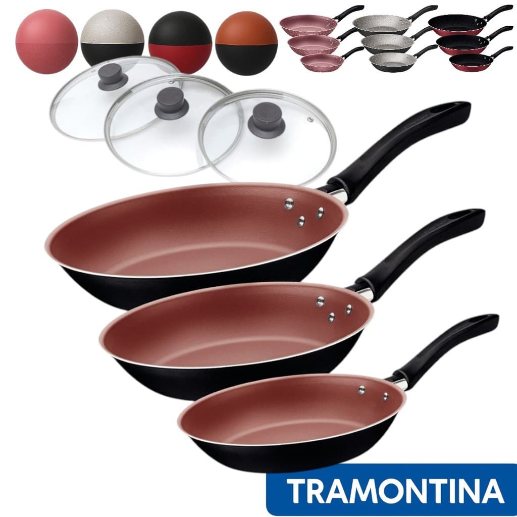 Jogo de Frigideiras Tramontina Antiaderente Linz Com Tampa de Vidro Temperado - 3 Peças