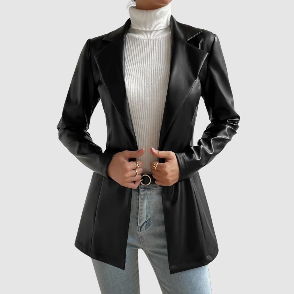 Blazer Feminino Acinturado Manga Longa Couro Alongado Em Botão Clássico Elegante