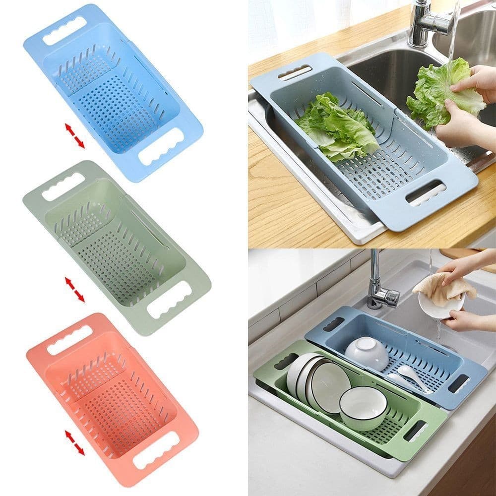 Escorredor de Pia Retrátil com Alças- Cesta Rack Ajustável para Pratos/ Alimentos/ Frutas/ Legumes/ Verduras/ Multiuso