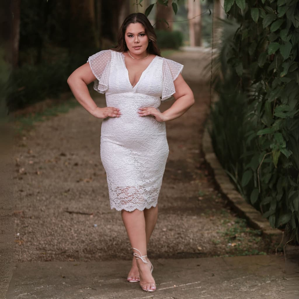 Vestido Branco Midi Plus Size Noiva Civil Noivado Elegante Feminino Casamento Festa Cerimônia Luxo