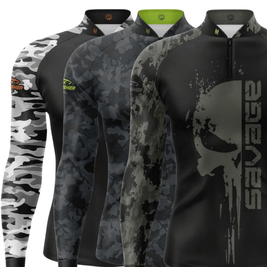 Kit 3 Camisas Camiseta de Pesca Gola Zíper Proteção Solar UV New Fisher - SAVAGE