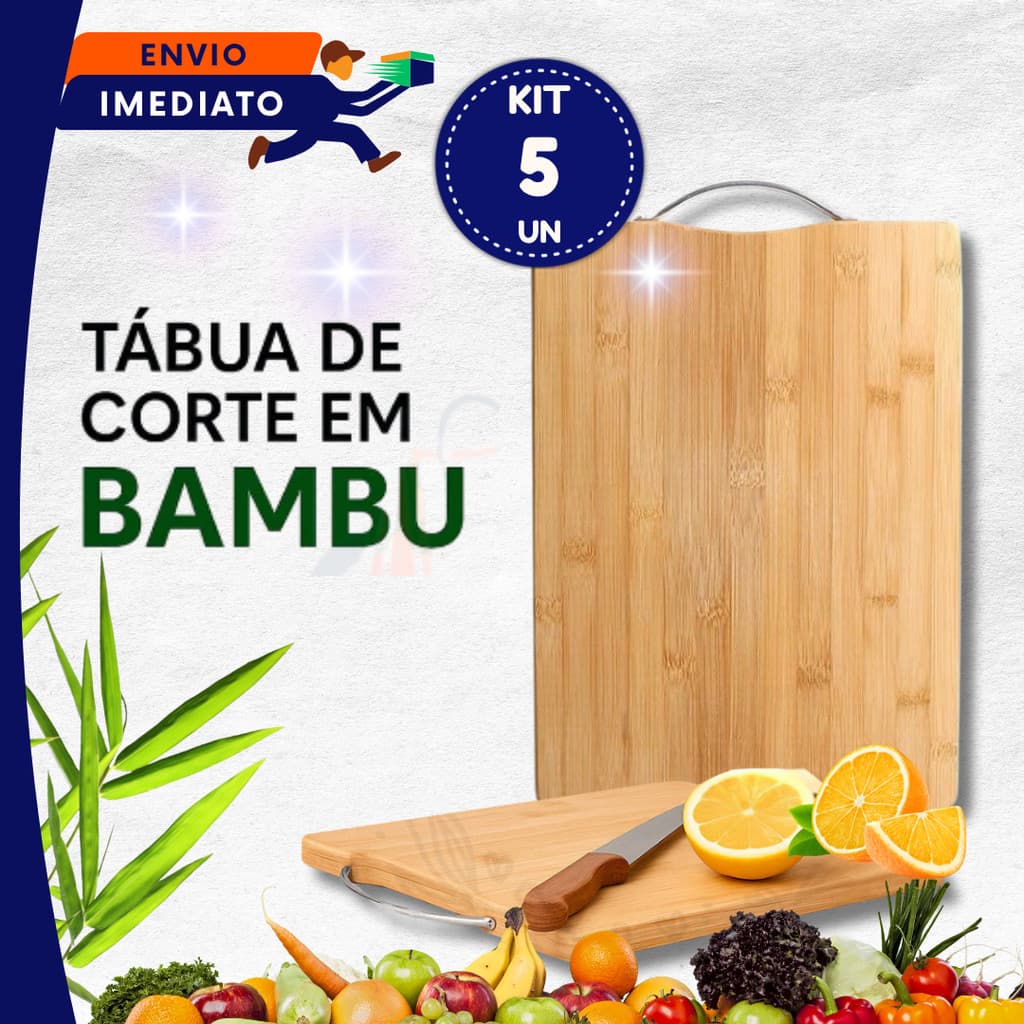 Jogo 1, 3 ou 5 Un Tábua Carne Madeira Bambu c/ Alça Inox Cabo de Inox 22x32 cm Para Legumes Churrasco Corte Carne Queijo