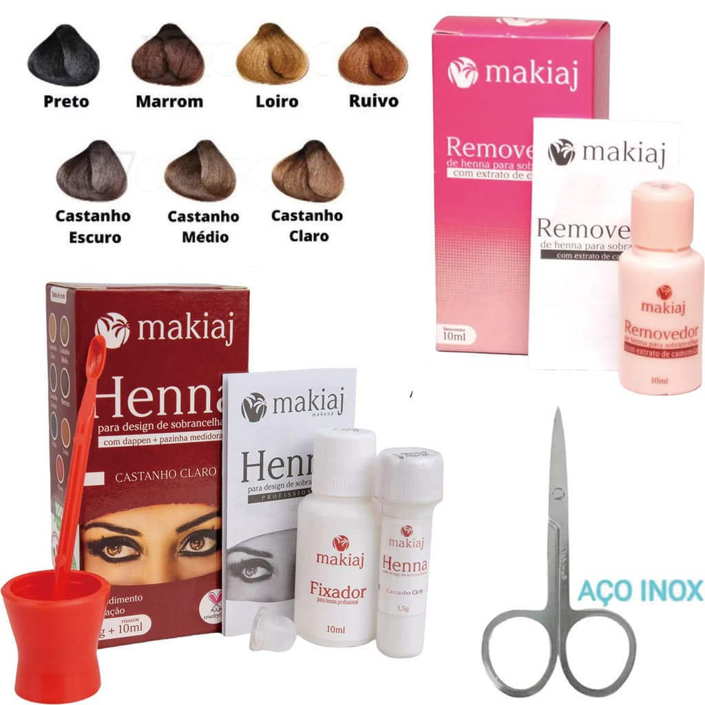 Kit 3 Henna e Removedor e Tesoura de Sobrancelha Inox - Design Profissional  7 Cores de Makiaj