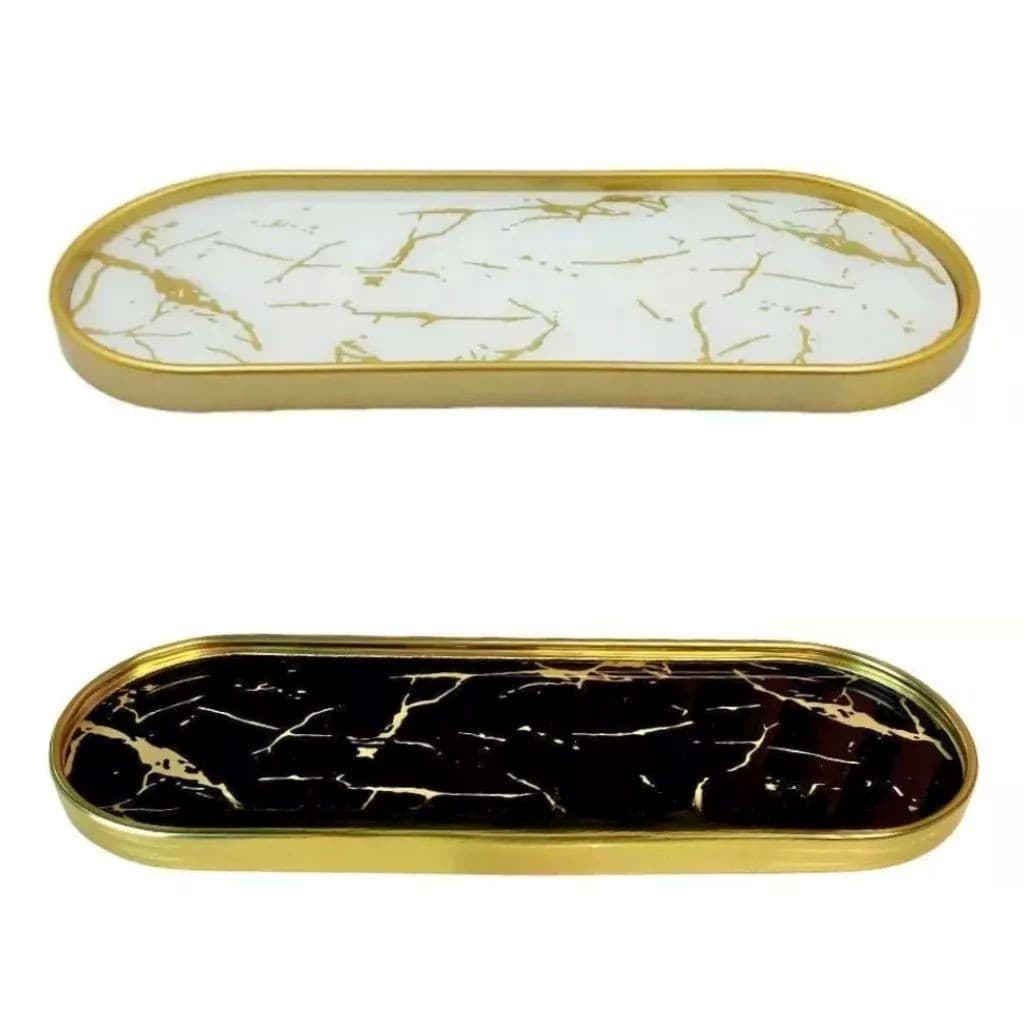 Bandeja Decorativa Espelhada Multiuso Marmorizada Oval Lavabo Banheiro Sala Porta Objetos Jóias