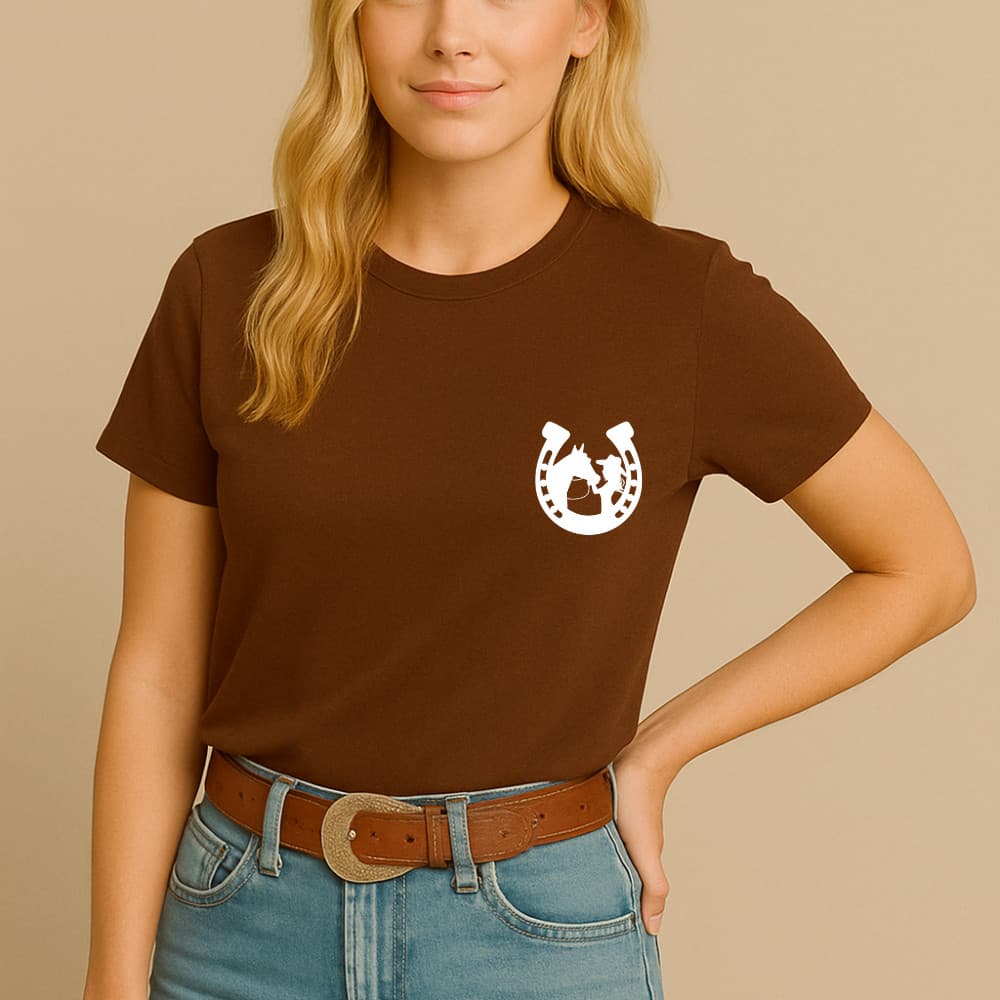 Camiseta Agodão Feminina Estamp Ferradura Mulher Cavalo Garota Manga Curta Blusa Unissex Rodeio