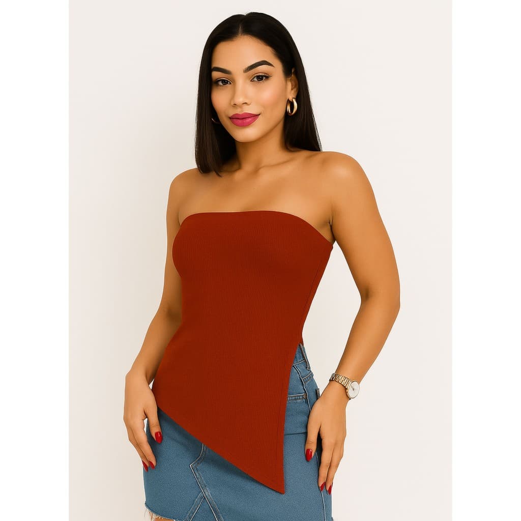 Blusa Feminina Tomara que Caia Assimétrica Ribana Canelada