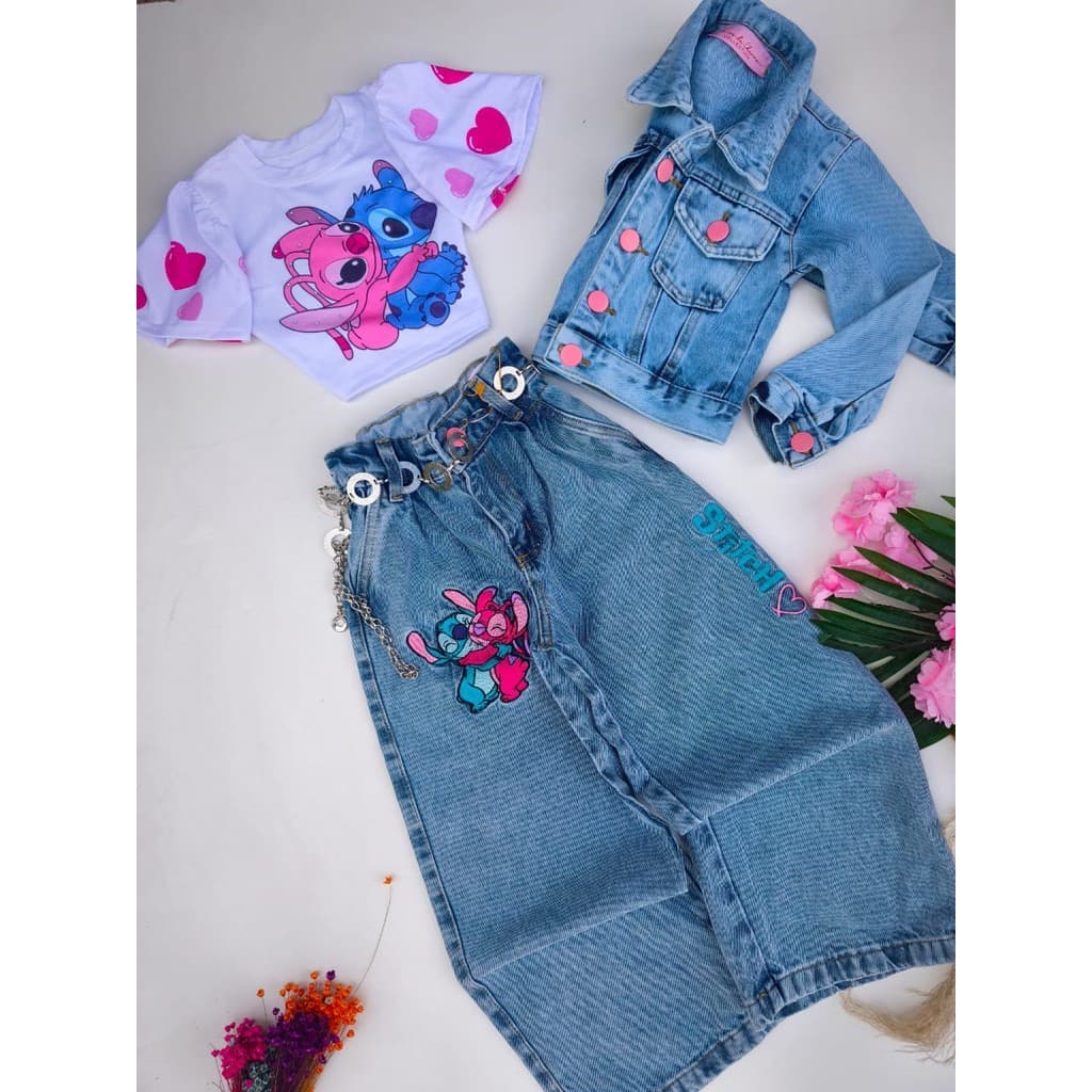 Conjunto Stitch 3 peças Jaqueta calça jeans e cropped