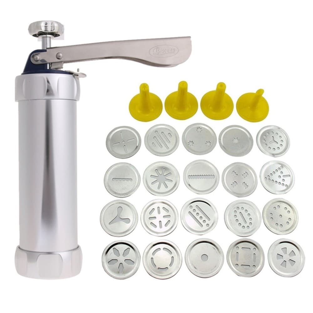 KIT CONJUNTO DE MAQUINA DE BISCOITOS DECORAÇÃO BOLACHA E COOKIES EM ALUMINIO BISCOITEIRA COM 20 DISCOS MOLDES E 4 BICOS