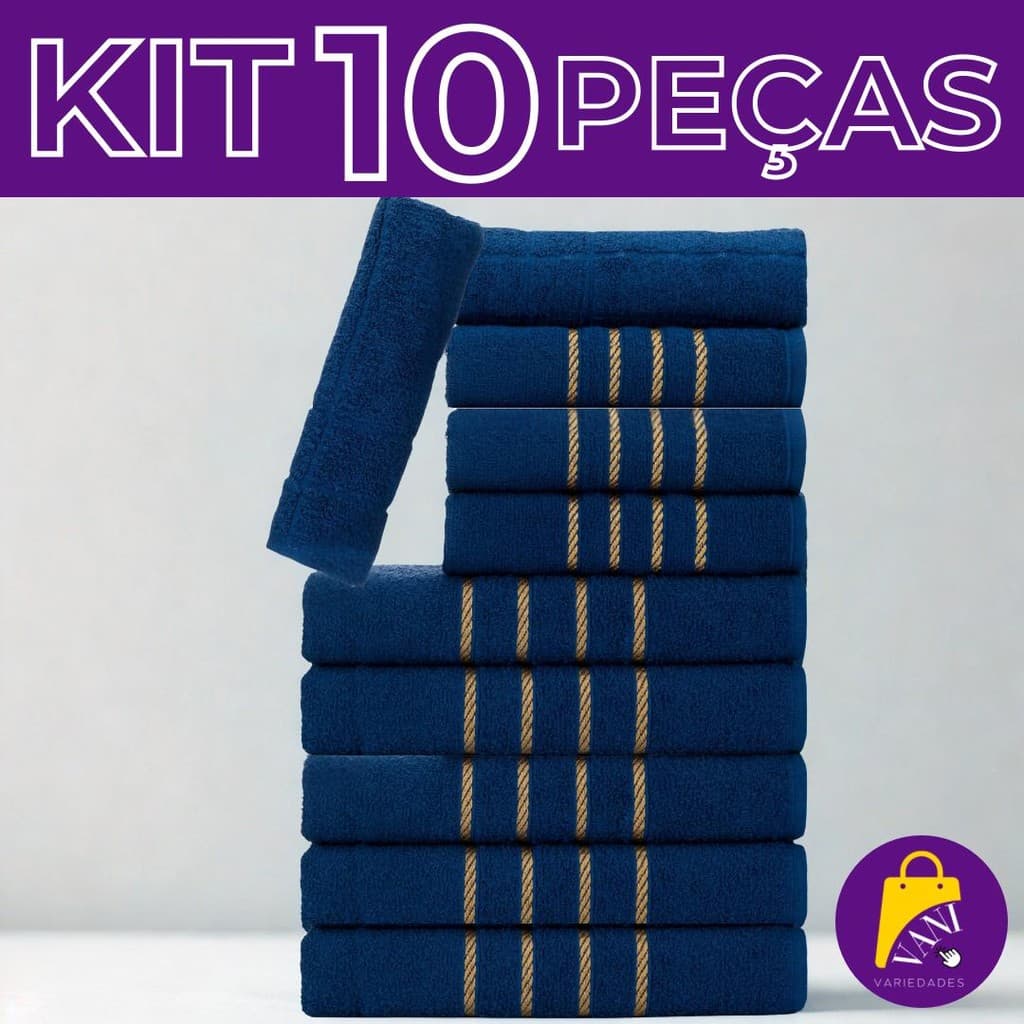Jogo De Toalhas 10 Peças -  5 Banho + 3 Rosto + 2 Piso Tapete Banheiro 100% Algodão Coleção Fio Dourado