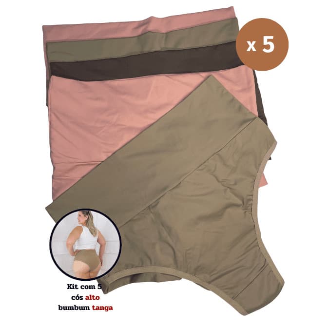 Kit compra 4 leva 5 - Calcinha conforto cós super alto TANGA - TODO DIA - Cores neutras (claras)