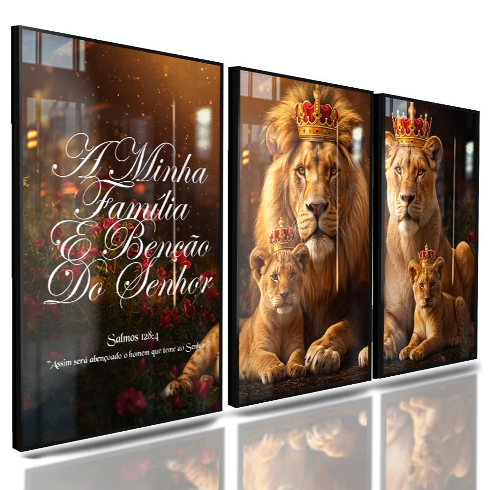Quadros Decorativos 3 Peças Família Real de Leões 2 Filhos "A Minha Família é Benção" Casa Sala Quarto Decoração Hall
