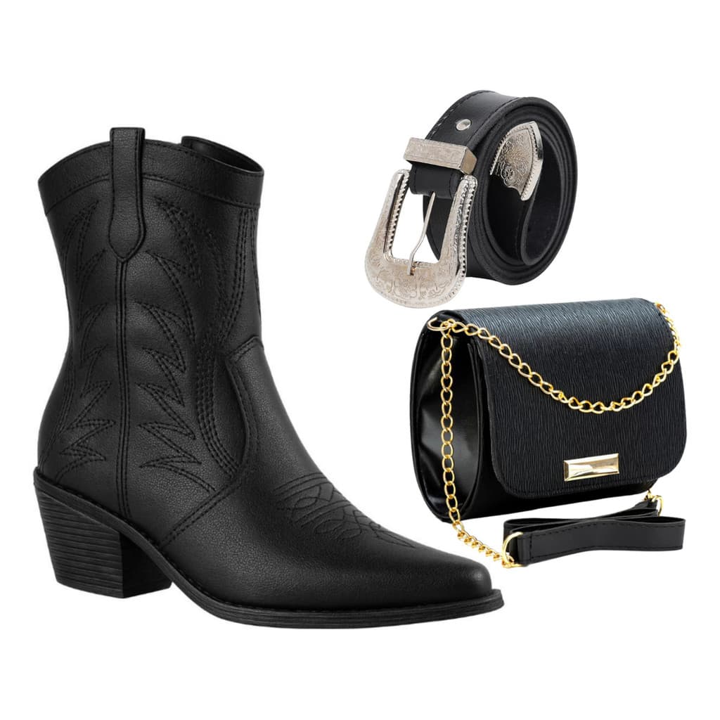 Kit Estilo Western Rodeio Bota Texana + Bolsa + Cinto