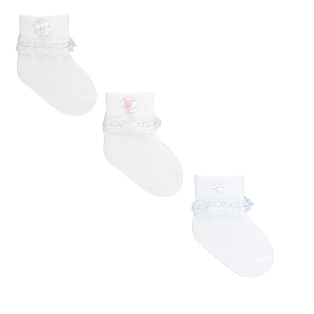 Meia Pimpolho Infantil Festa com Rendinha Flor Branco Rosa Batizado