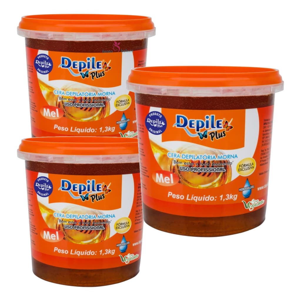 Kit Cera Depilatória De Mel 3x1.300g Para Pernas E Virilhas Cera de MEL Depile Plus #Hidrossolúvel