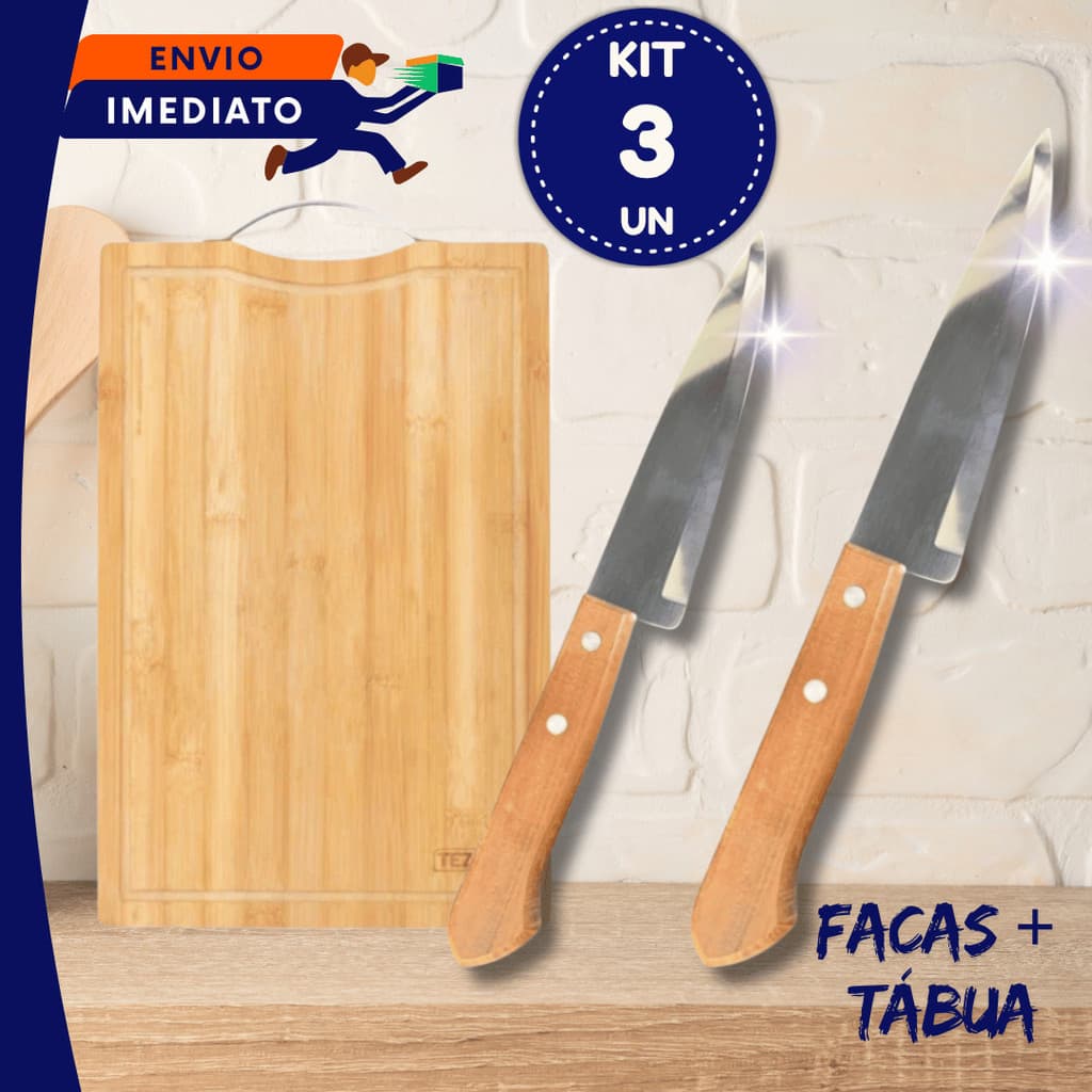 Jogo 3 Un Tábua de Carne Madeira Bambu com Alça Faca Inox Cabo de Madeira Para Legumes Churrasco Açougue Carne